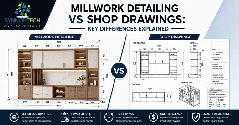 Millwork detailing vs shop drawings comparison showing design details, dimensions, elevations, sections, and fabrication drawings for millwork projects.